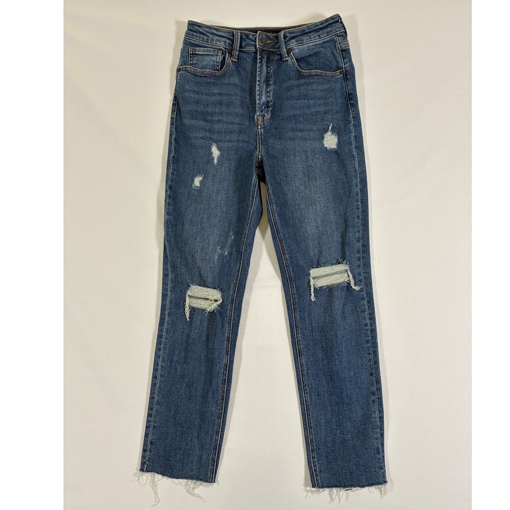 Risen Los Angeles Womens Distressed Straight Leg Jeans Medium Wash Raw Hem 5